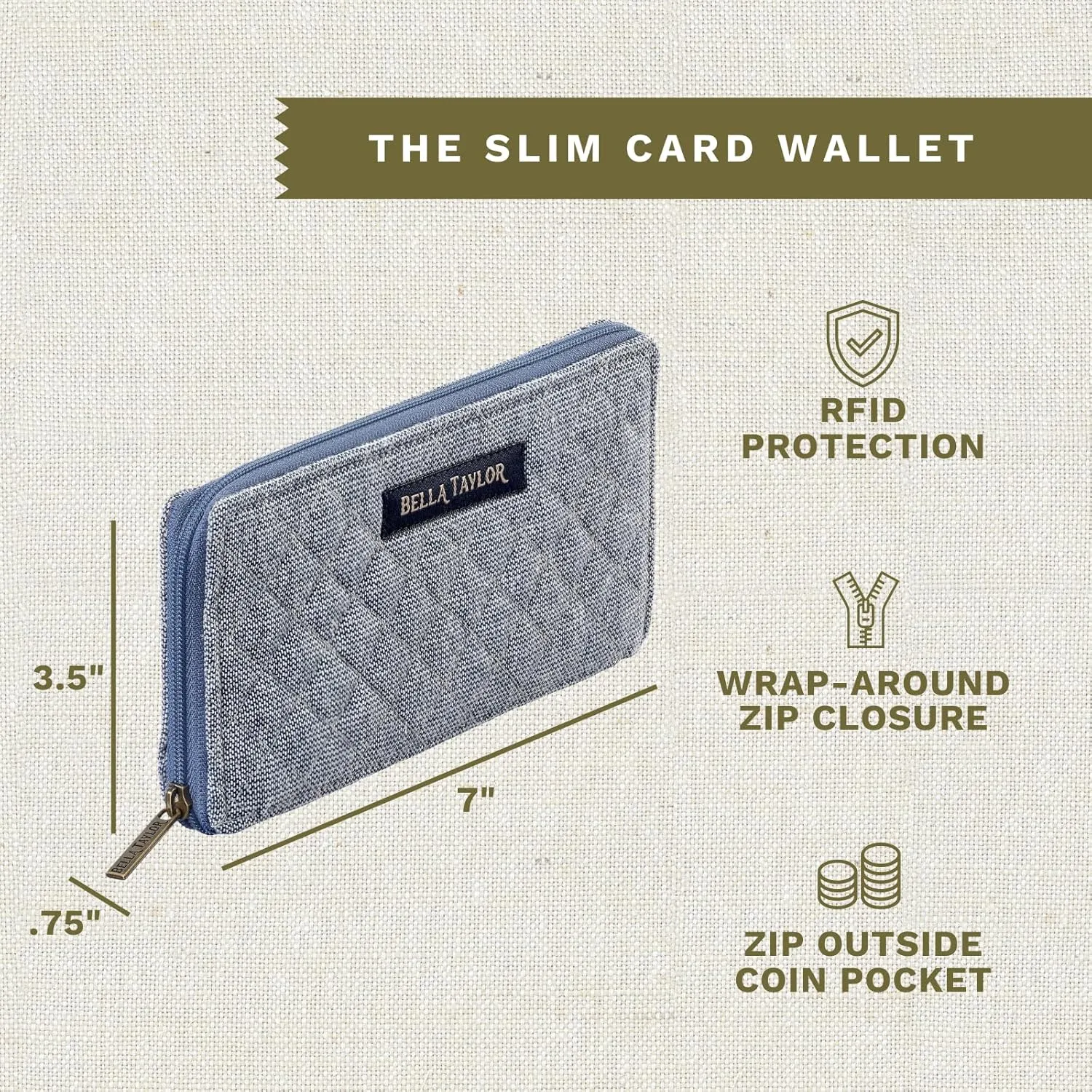 Bella Taylor Slim Card Wallet for Women | Quilted Cotton Fabric Zip Around Credit Card Wallet with RFID Protection | Blue Chambray
