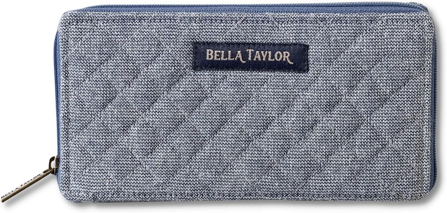 Bella Taylor Slim Card Wallet for Women | Quilted Cotton Fabric Zip Around Credit Card Wallet with RFID Protection | Blue Chambray