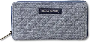 Bella Taylor Slim Card Wallet for Women | Quilted Cotton Fabric Zip Around Credit Card Wallet with RFID Protection | Blue Chambray