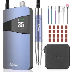 Belle Pro Cordless Nail Drill - 35000RPM Brushless Rechargeable Electric Nail File, 6 Diamond Bits & Sanding Bands for Acrylic Gel Nails, Salon Portable E-File Kit for Manicure Pedicure (Purple)