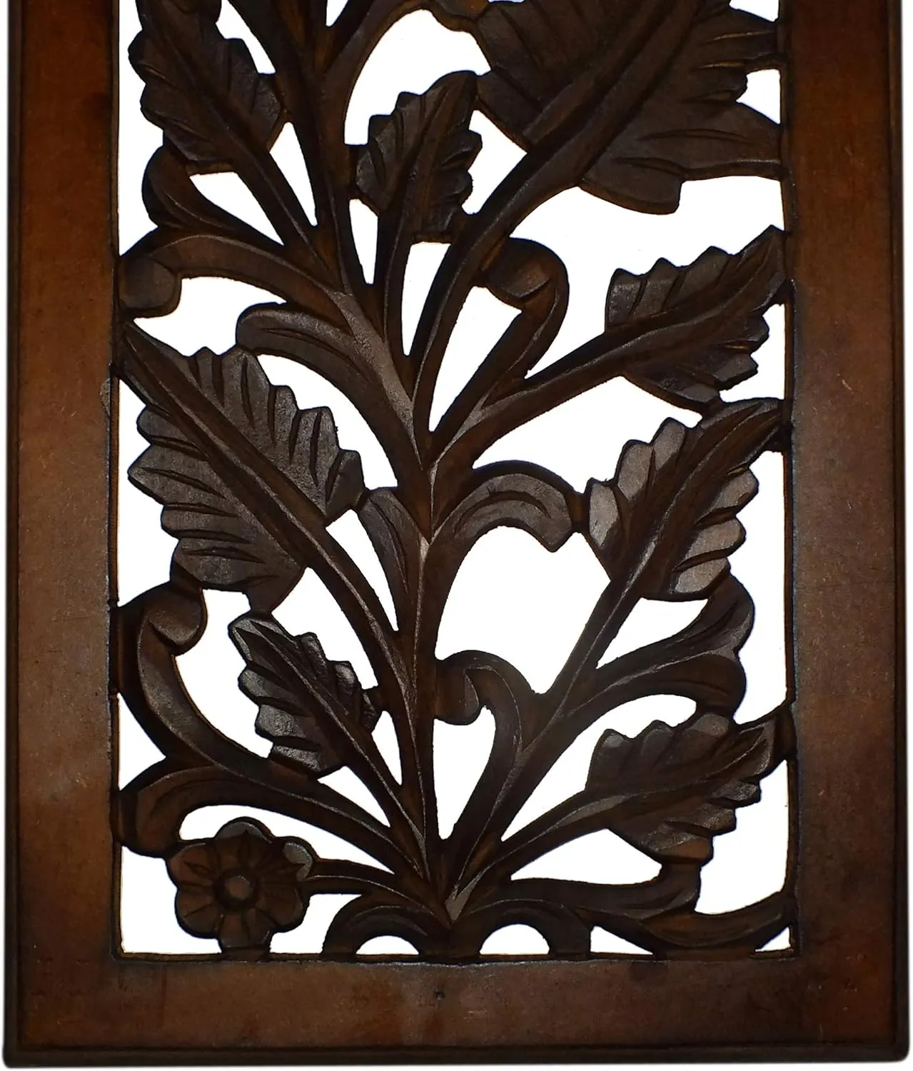 Benjara Mango Wood Wall Panel Hand Crafted with Leaves and Scroll Work Motif, Brown, Rectangle