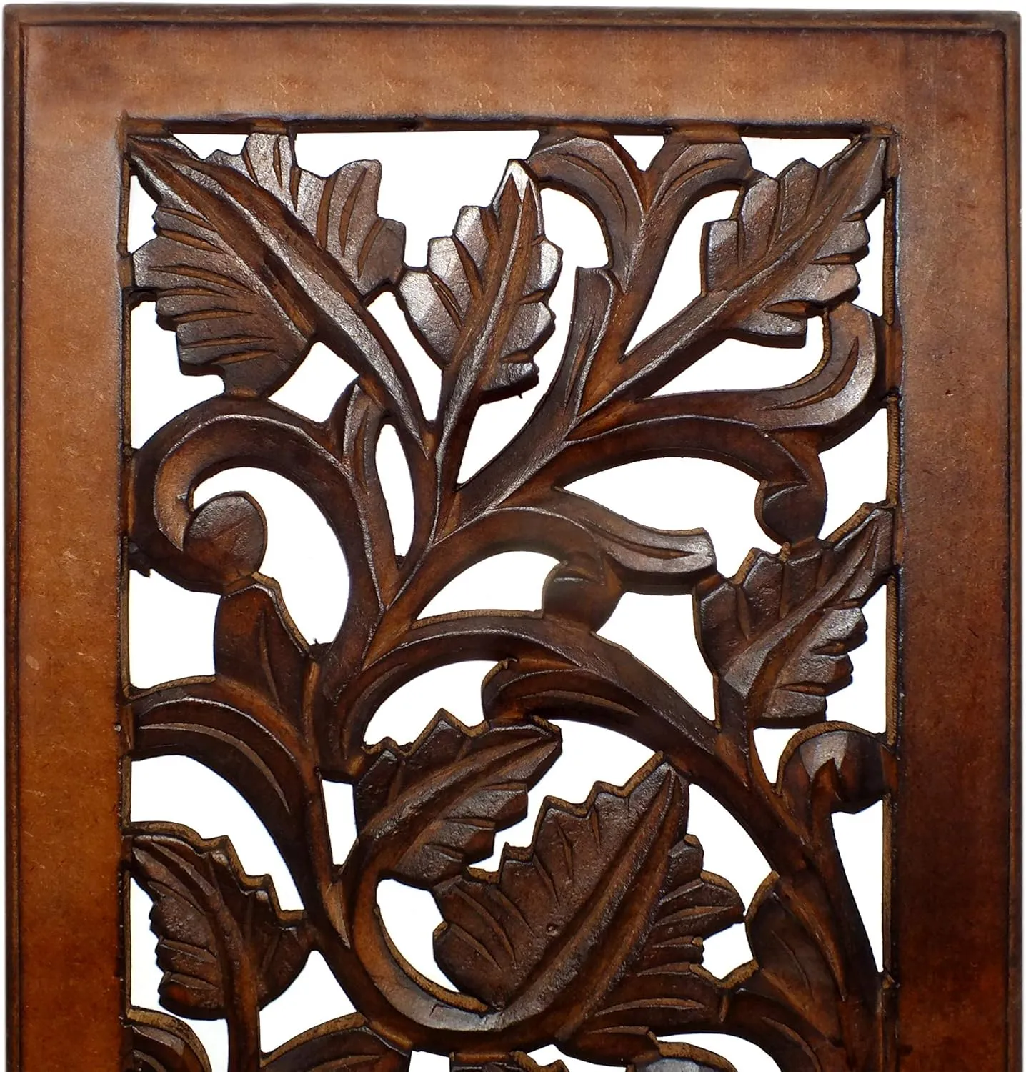 Benjara Mango Wood Wall Panel Hand Crafted with Leaves and Scroll Work Motif, Brown, Rectangle