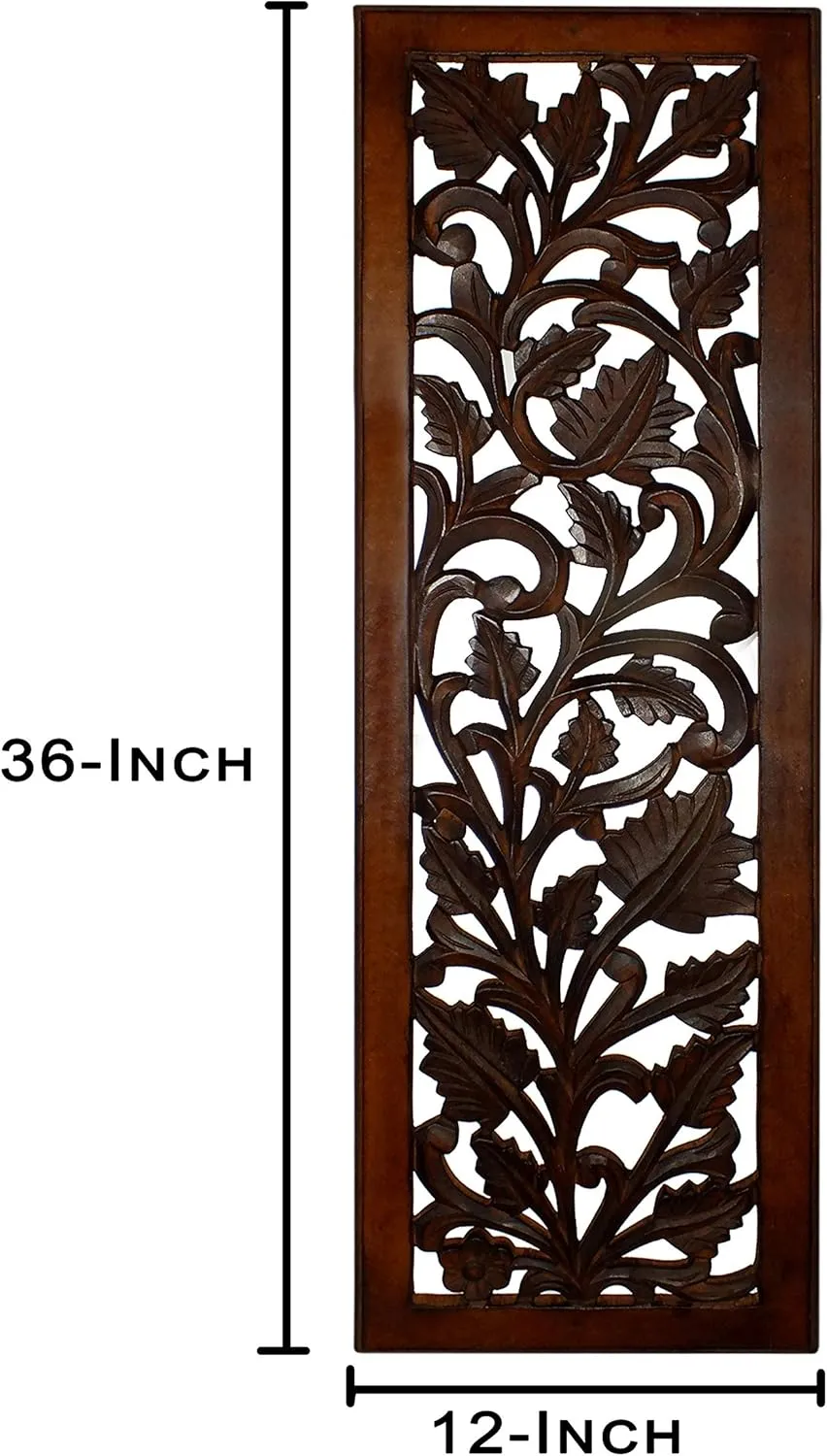 Benjara Mango Wood Wall Panel Hand Crafted with Leaves and Scroll Work Motif, Brown, Rectangle