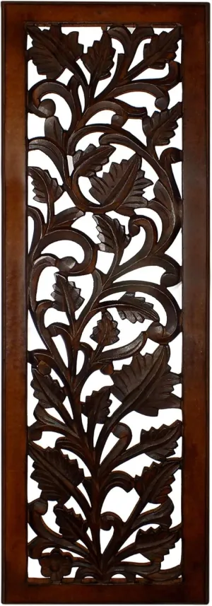 Benjara Mango Wood Wall Panel Hand Crafted with Leaves and Scroll Work Motif, Brown, Rectangle