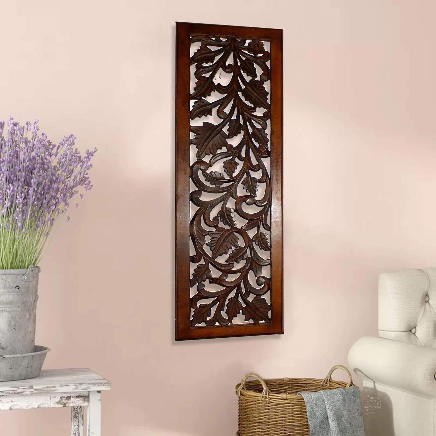 Benjara Mango Wood Wall Panel Hand Crafted with Leaves and Scroll Work Motif, Brown, Rectangle