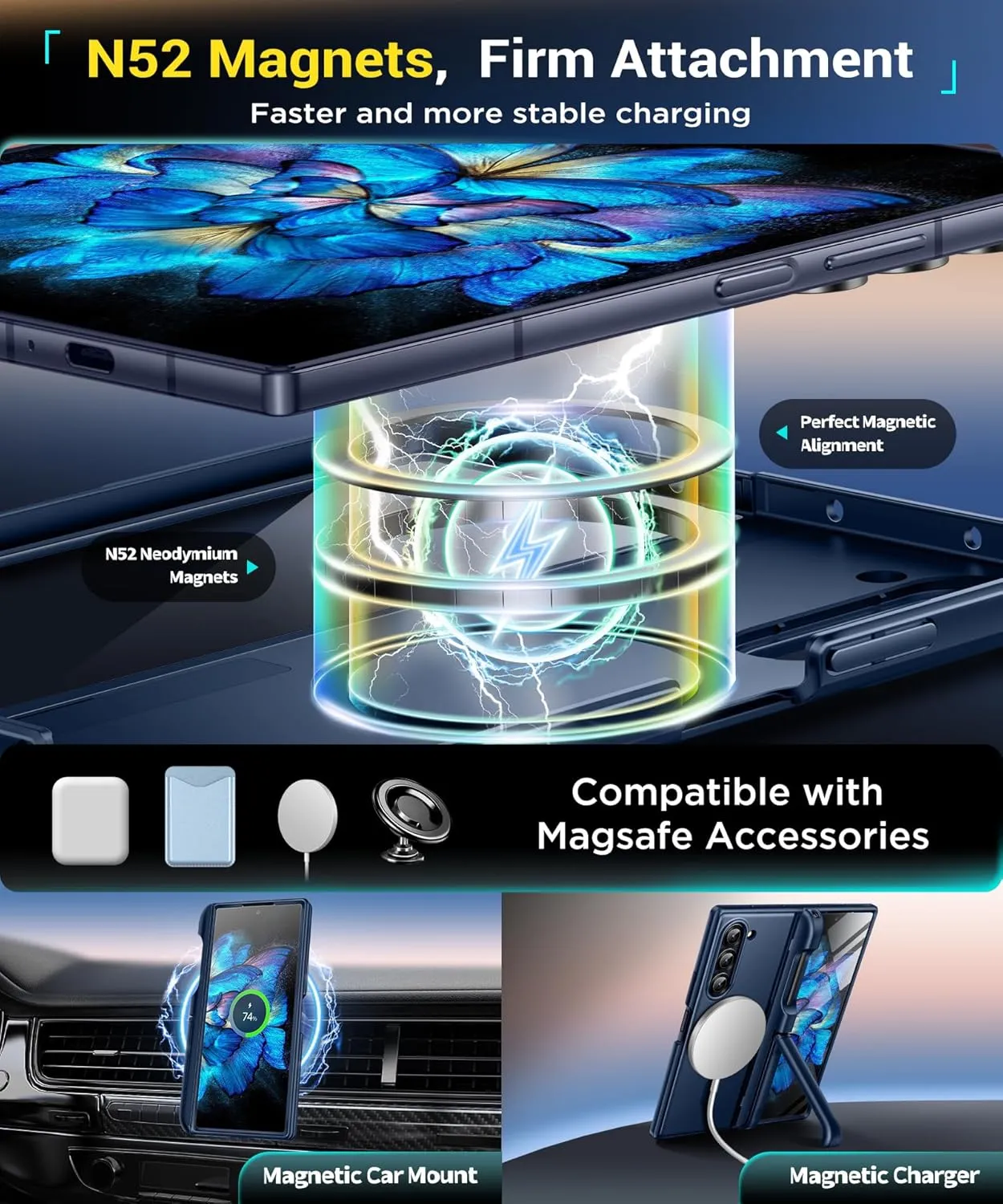 BERFY Magnetic Armor Stand for Samsung Galaxy Z Fold 6 with Screen Protector, Built-in S Pen Holder & 2 Invisible Kickstands, [Compatible with MagSafe] Full-Body Shockproof Case for Z Fold 6, Blue