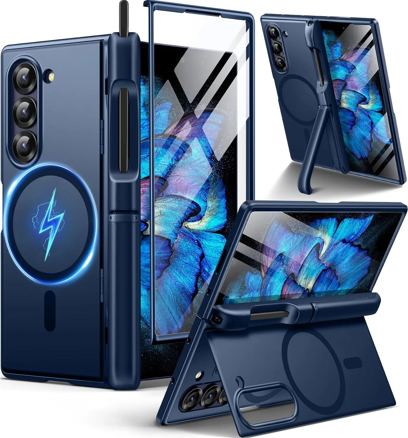 BERFY Magnetic Armor Stand for Samsung Galaxy Z Fold 6 with Screen Protector, Built-in S Pen Holder & 2 Invisible Kickstands, [Compatible with MagSafe] Full-Body Shockproof Case for Z Fold 6, Blue