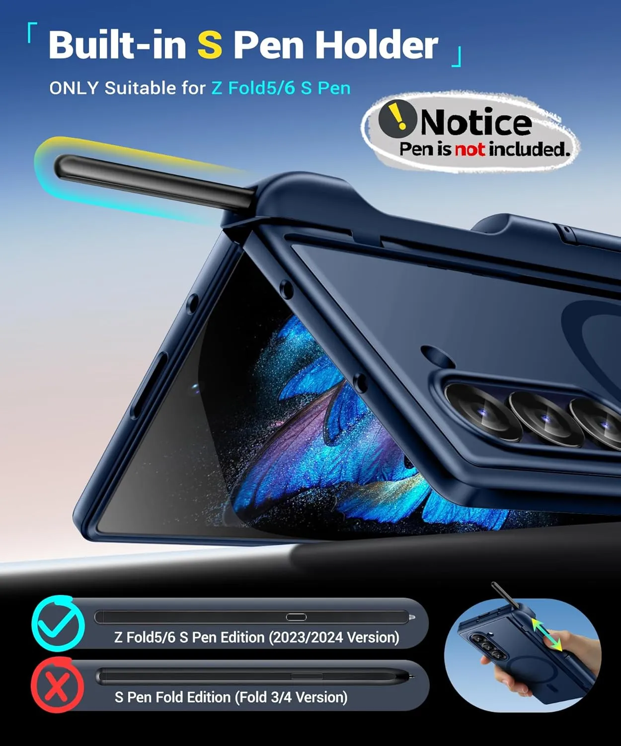 BERFY Magnetic Armor Stand for Samsung Galaxy Z Fold 6 with Screen Protector, Built-in S Pen Holder & 2 Invisible Kickstands, [Compatible with MagSafe] Full-Body Shockproof Case for Z Fold 6, Blue