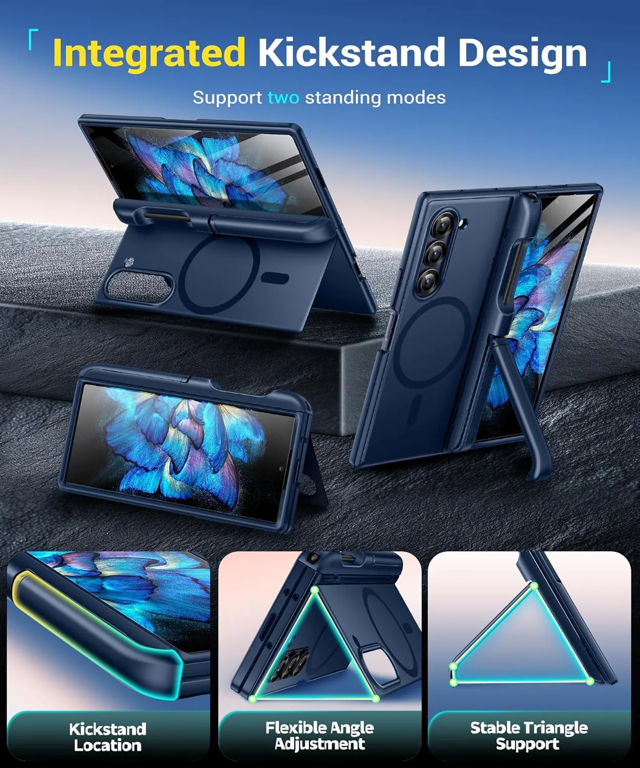 BERFY Magnetic Armor Stand for Samsung Galaxy Z Fold 6 with Screen Protector, Built-in S Pen Holder & 2 Invisible Kickstands, [Compatible with MagSafe] Full-Body Shockproof Case for Z Fold 6, Blue