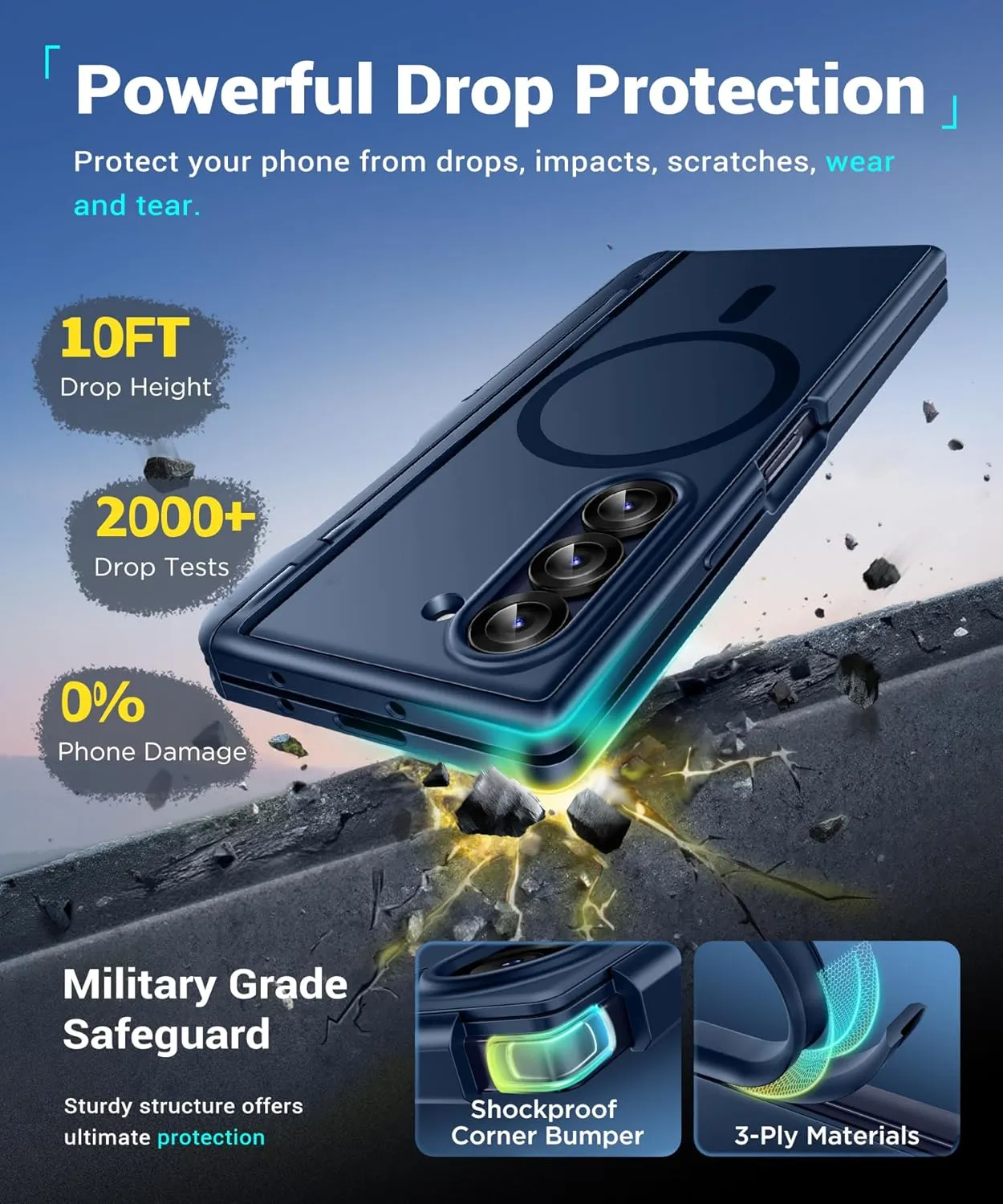 BERFY Magnetic Armor Stand for Samsung Galaxy Z Fold 6 with Screen Protector, Built-in S Pen Holder & 2 Invisible Kickstands, [Compatible with MagSafe] Full-Body Shockproof Case for Z Fold 6, Blue