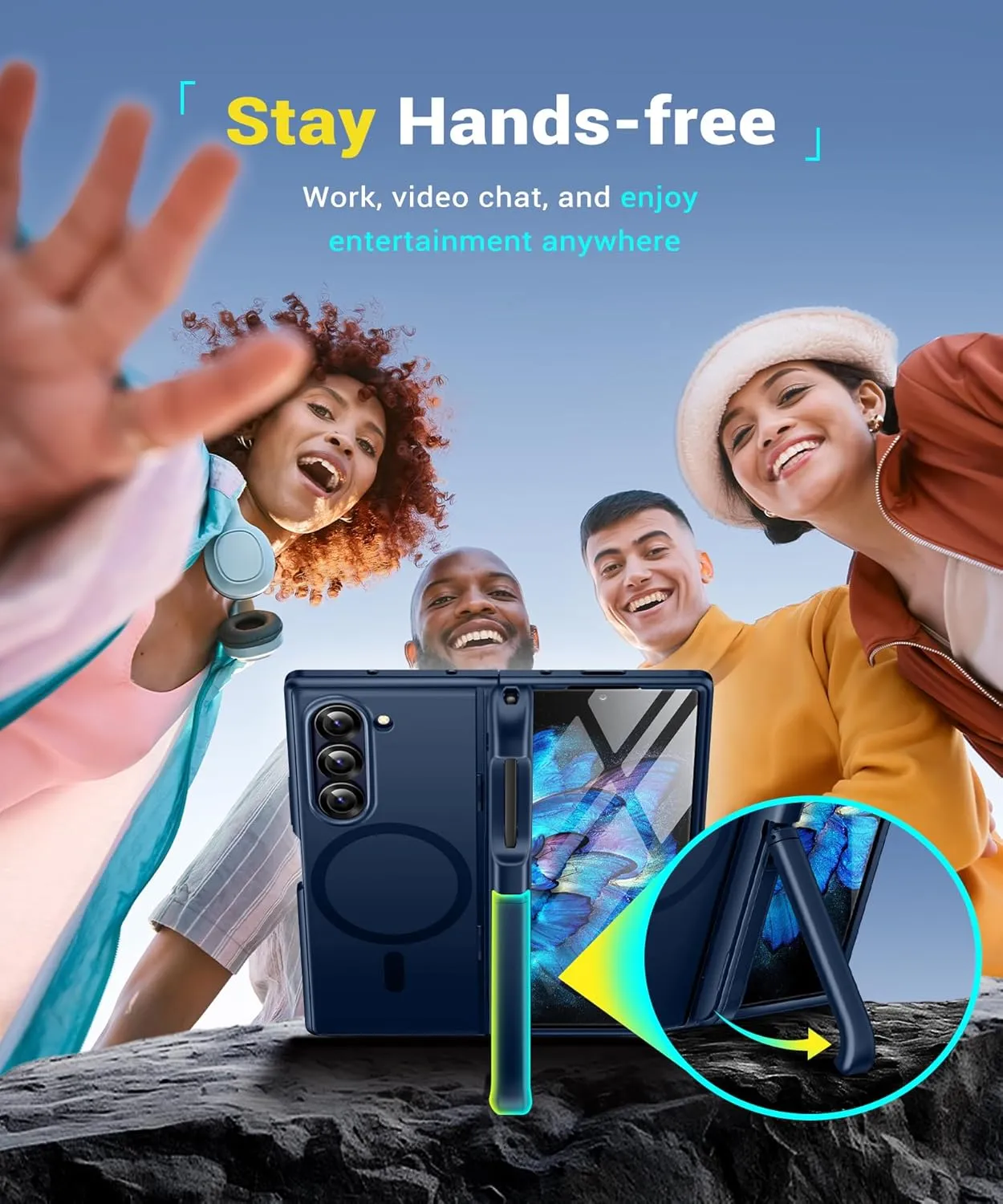 BERFY Magnetic Armor Stand for Samsung Galaxy Z Fold 6 with Screen Protector, Built-in S Pen Holder & 2 Invisible Kickstands, [Compatible with MagSafe] Full-Body Shockproof Case for Z Fold 6, Blue