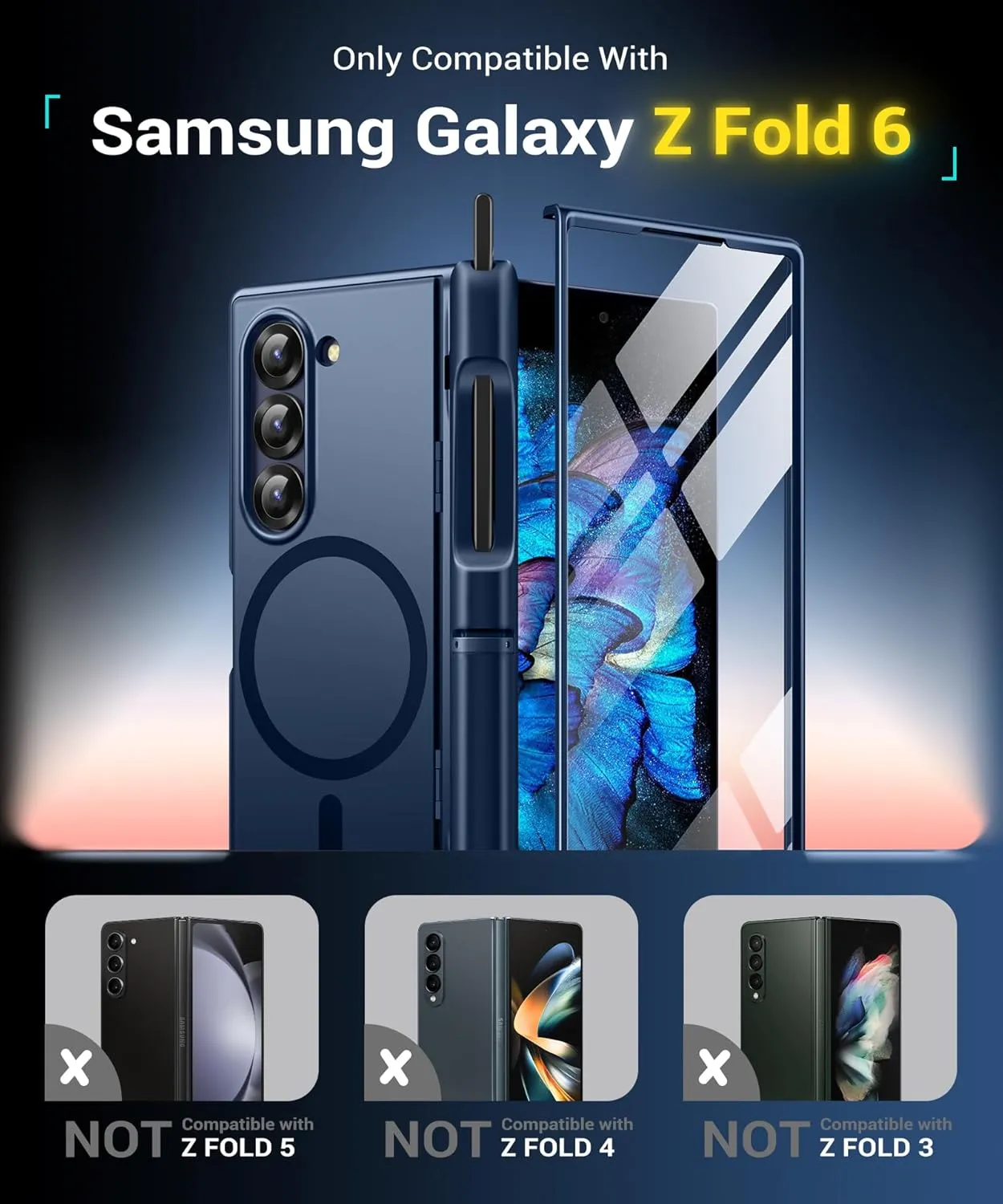 BERFY Magnetic Armor Stand for Samsung Galaxy Z Fold 6 with Screen Protector, Built-in S Pen Holder & 2 Invisible Kickstands, [Compatible with MagSafe] Full-Body Shockproof Case for Z Fold 6, Blue