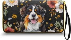 Bernese Mountain Dog Printed Wristlet Wallets for Women, Flower Zip Around Wallet Leather Phone Holder Clutch Travel Purse Wristlet, Portable Clutch Purse Handbag with Grip Hand Strap