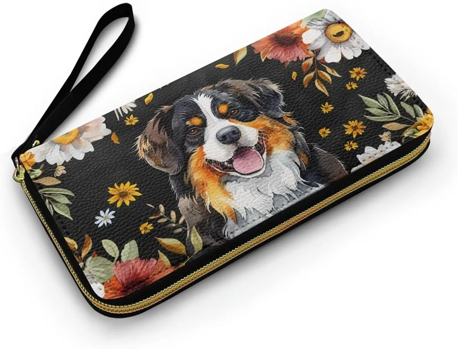 Bernese Mountain Dog Printed Wristlet Wallets for Women, Flower Zip Around Wallet Leather Phone Holder Clutch Travel Purse Wristlet, Portable Clutch Purse Handbag with Grip Hand Strap