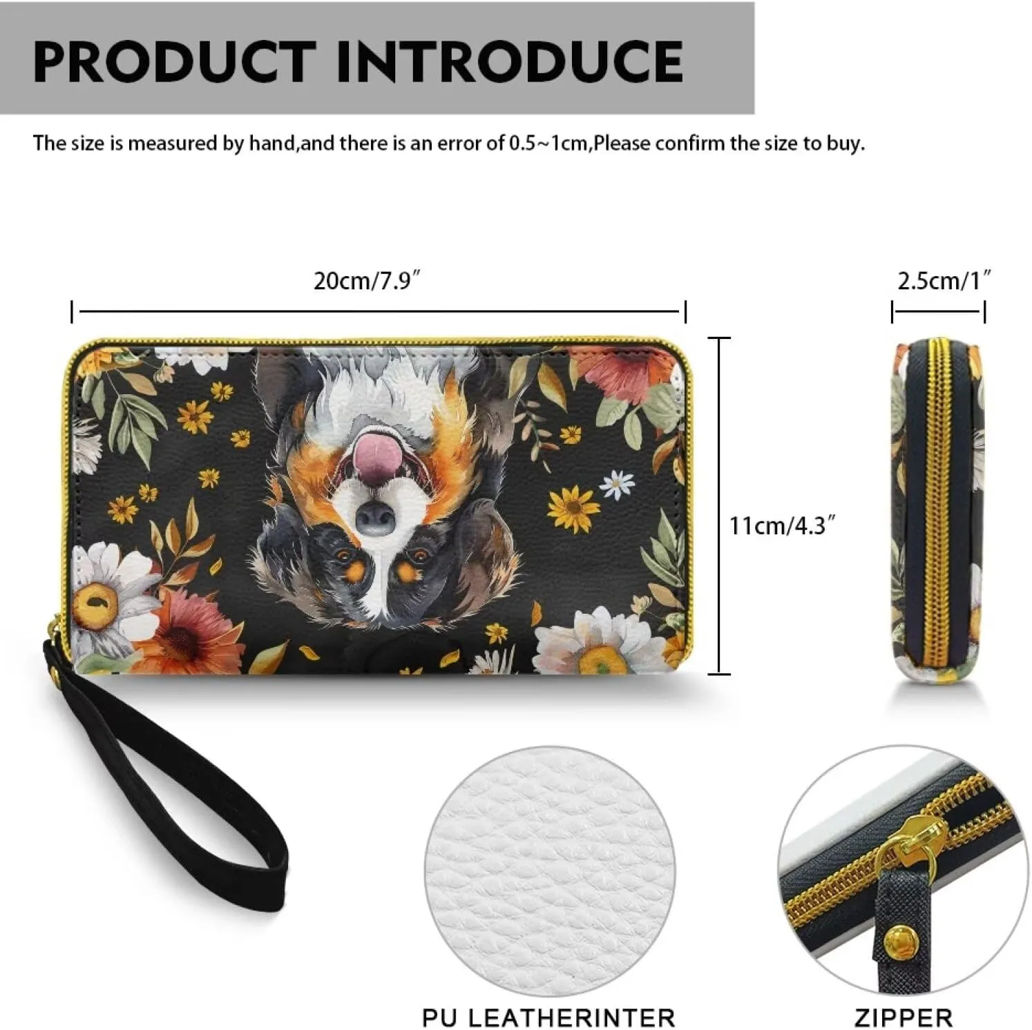 Bernese Mountain Dog Printed Wristlet Wallets for Women, Flower Zip Around Wallet Leather Phone Holder Clutch Travel Purse Wristlet, Portable Clutch Purse Handbag with Grip Hand Strap