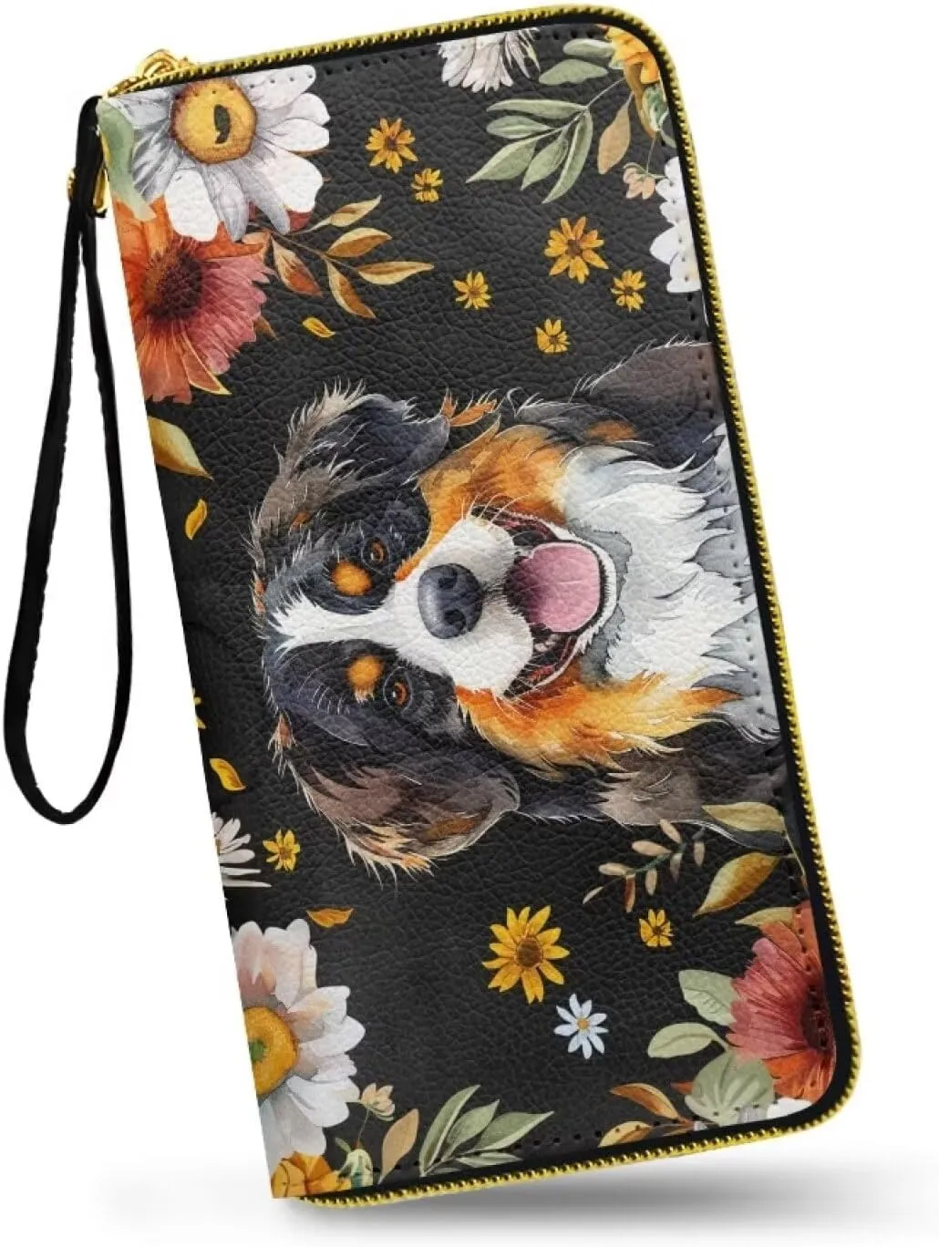 Bernese Mountain Dog Printed Wristlet Wallets for Women, Flower Zip Around Wallet Leather Phone Holder Clutch Travel Purse Wristlet, Portable Clutch Purse Handbag with Grip Hand Strap