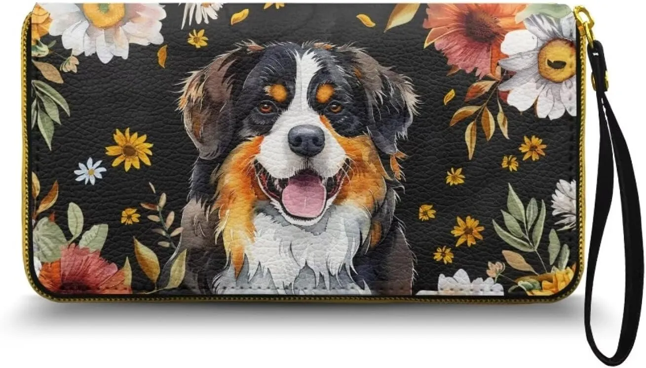 Bernese Mountain Dog Printed Wristlet Wallets for Women, Flower Zip Around Wallet Leather Phone Holder Clutch Travel Purse Wristlet, Portable Clutch Purse Handbag with Grip Hand Strap