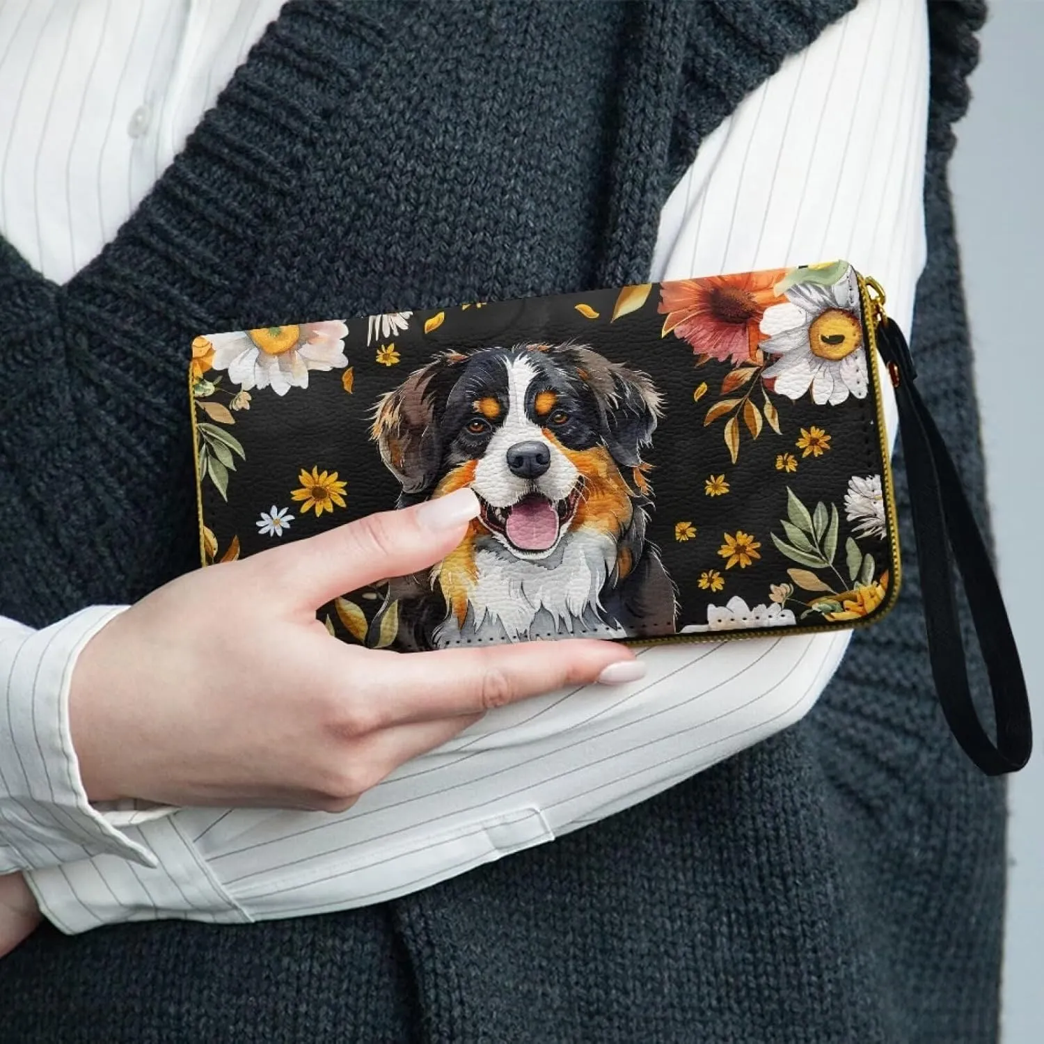 Bernese Mountain Dog Printed Wristlet Wallets for Women, Flower Zip Around Wallet Leather Phone Holder Clutch Travel Purse Wristlet, Portable Clutch Purse Handbag with Grip Hand Strap