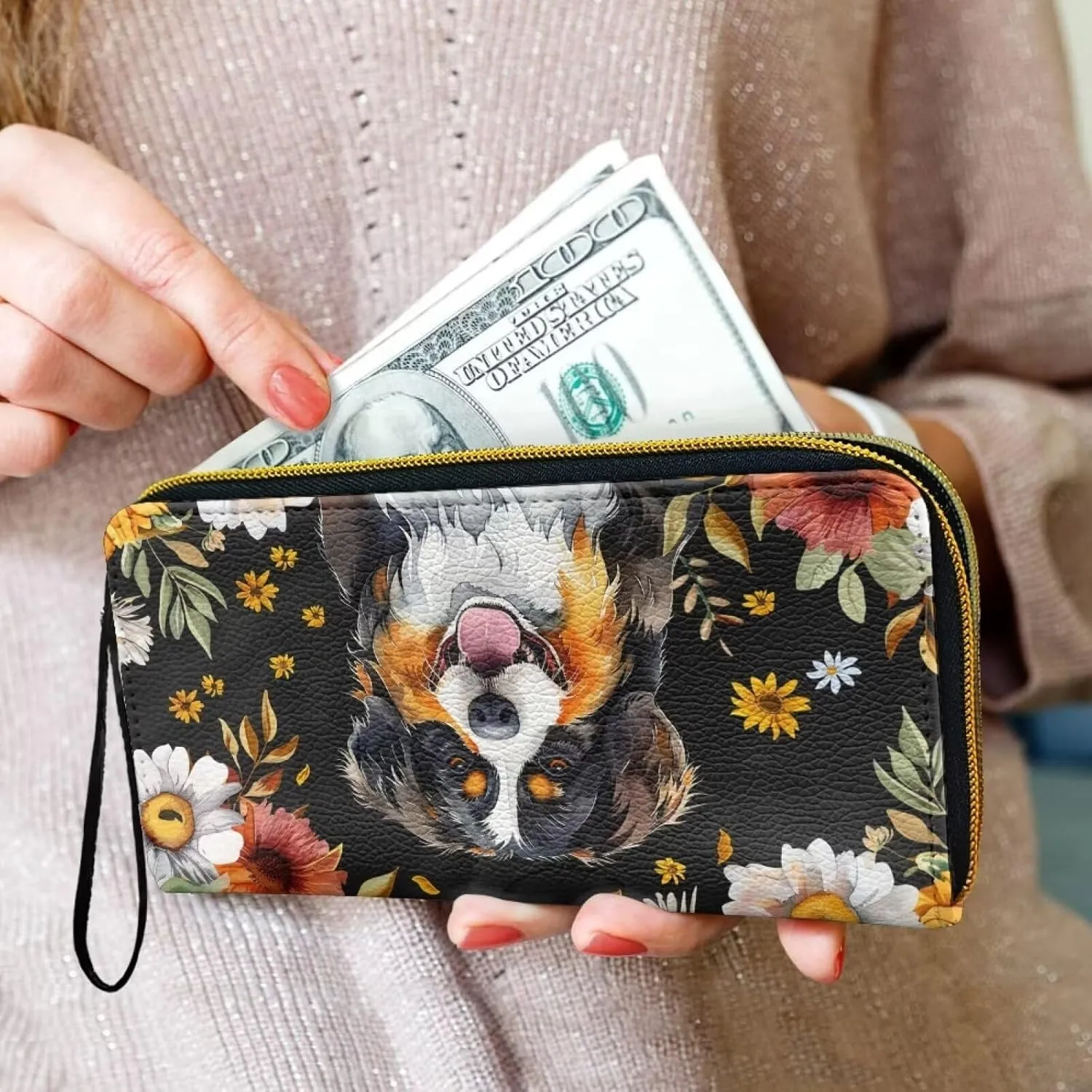 Bernese Mountain Dog Printed Wristlet Wallets for Women, Flower Zip Around Wallet Leather Phone Holder Clutch Travel Purse Wristlet, Portable Clutch Purse Handbag with Grip Hand Strap