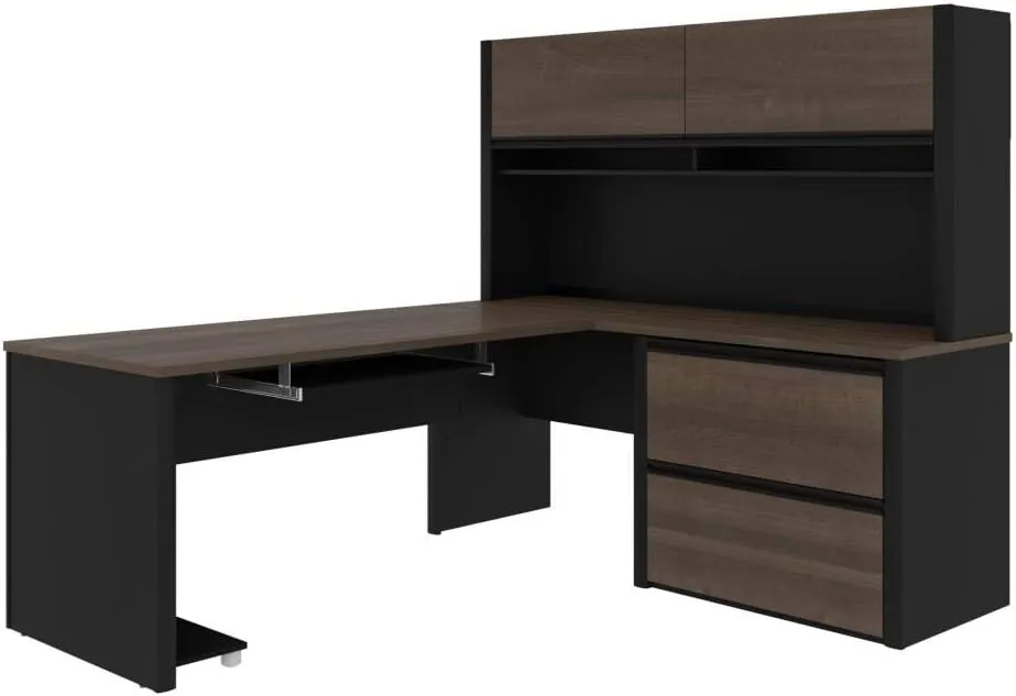 Bestar Connexion L-Shaped Desk with Hutch and Lateral File Cabinet, 72W, Antigua & Black