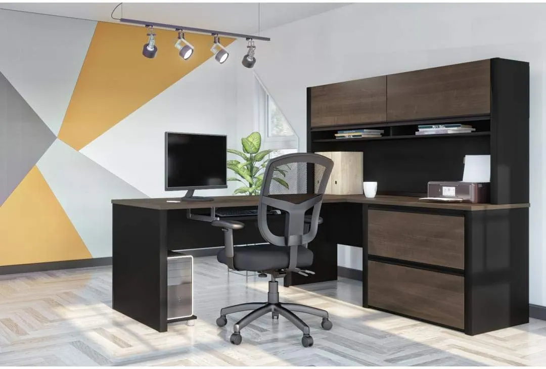 Bestar Connexion L-Shaped Desk with Hutch and Lateral File Cabinet, 72W, Antigua & Black