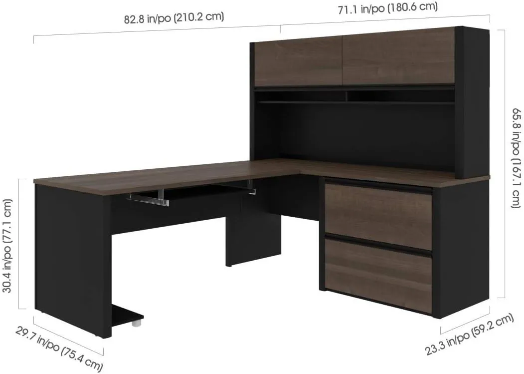Bestar Connexion L-Shaped Desk with Hutch and Lateral File Cabinet, 72W, Antigua & Black