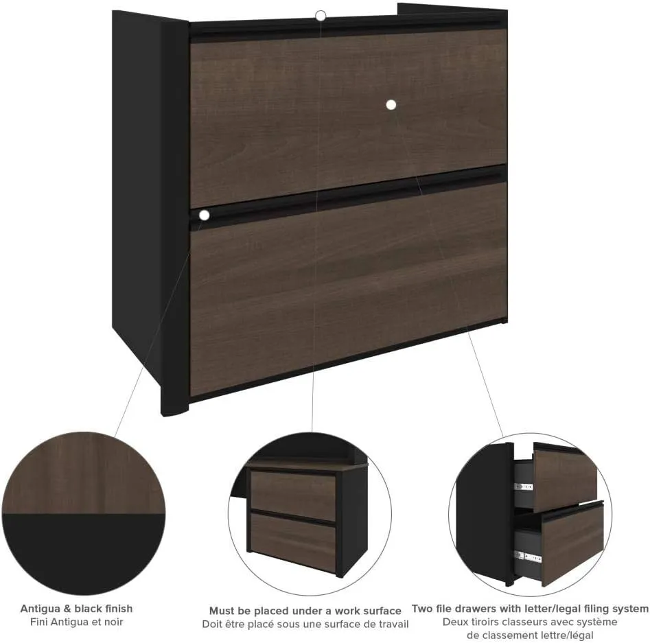 Bestar Connexion L-Shaped Desk with Hutch and Lateral File Cabinet, 72W, Antigua & Black