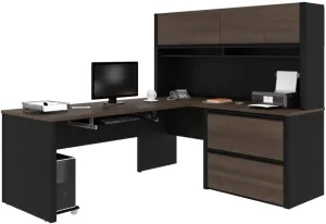 Bestar Connexion L-Shaped Desk with Hutch and Lateral File Cabinet, 72W, Antigua & Black