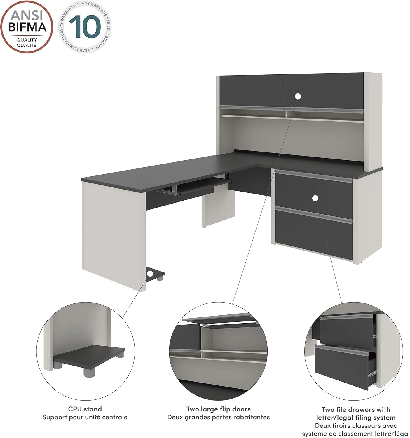 BESTAR Connexion L-Shaped Desk with Hutch and Lateral File Cabinet, 72W, Slate/Sandstone