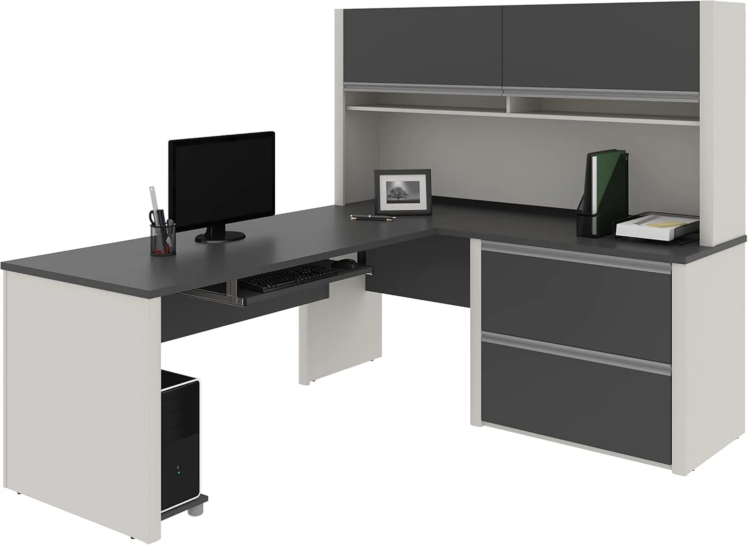 BESTAR Connexion L-Shaped Desk with Hutch and Lateral File Cabinet, 72W, Slate/Sandstone