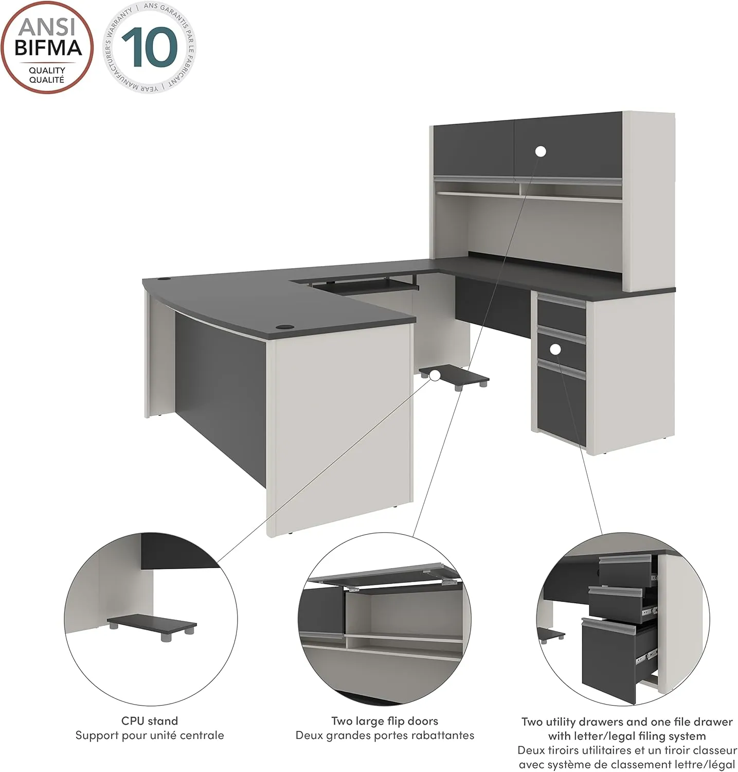 Bestar Connexion U-Shaped Workstation with Three Drawers, 72W, Slate/Sandstone