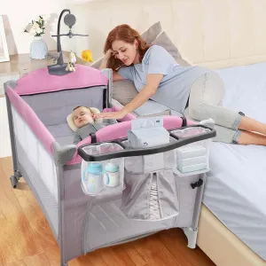 BIERUM 5-in-1 Pack n Play, Baby Bassinet Bedside Sleeper, 3 Height Adjustable Baby Crib with Diaper Changer, Storage Bag & Music Box, Portable Bassinet with Carry Bag, Mattress for Newborn to Toddlers