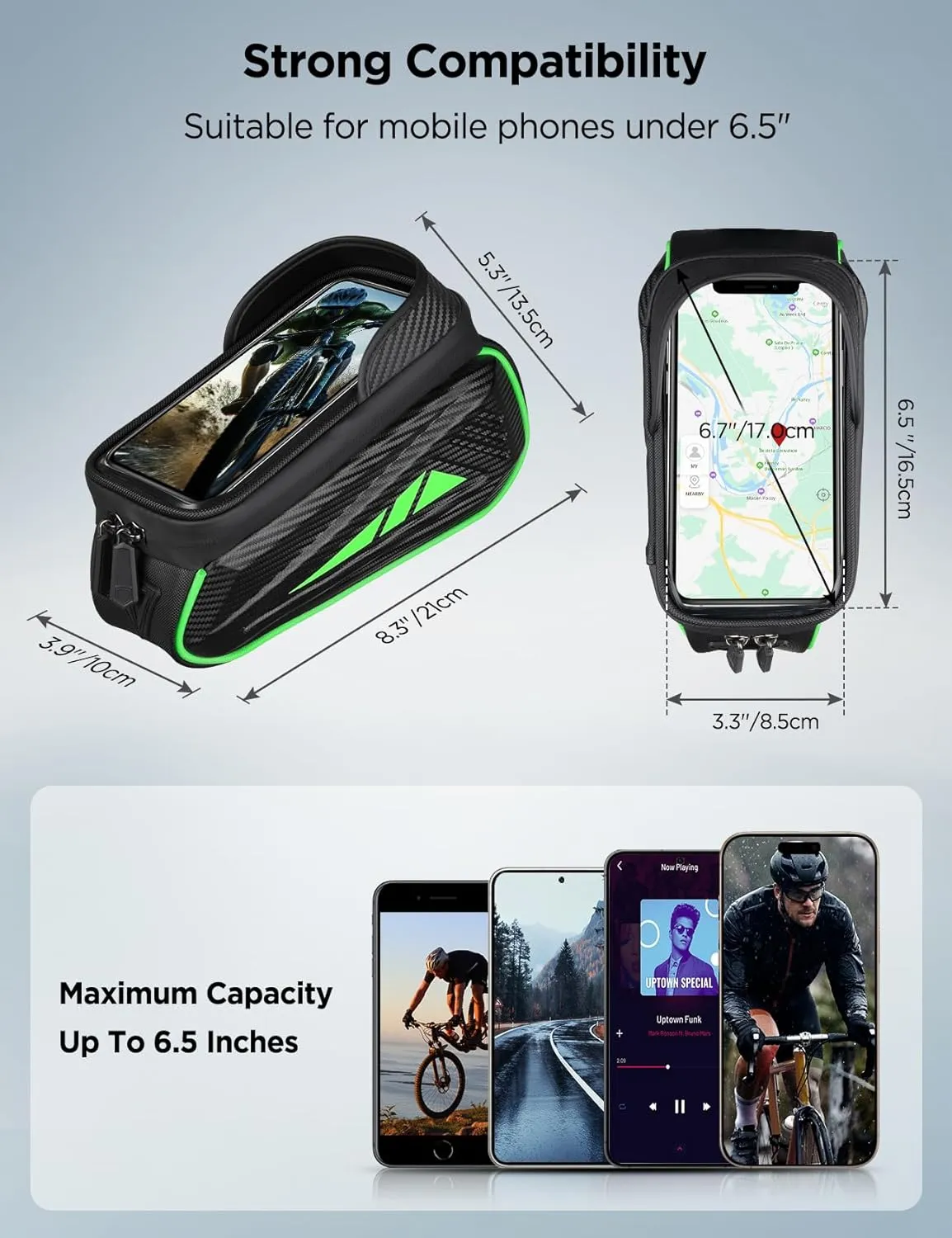 Bike Phone Holder Bag, EVA Waterproof Bicycle Front Frame Bag, Bike Accessories Cycling Pouch with Sensitive TPU Touch-Screen, Bicycle Phone Mount with Rain Cover for Phone under 6.5"(Green, 6.5 inch)