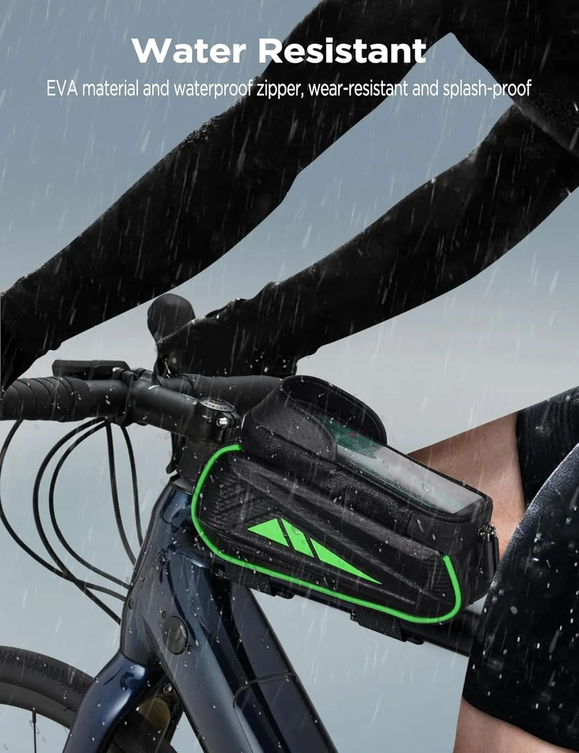 Bike Phone Holder Bag, EVA Waterproof Bicycle Front Frame Bag, Bike Accessories Cycling Pouch with Sensitive TPU Touch-Screen, Bicycle Phone Mount with Rain Cover for Phone under 6.5"(Green, 6.5 inch)