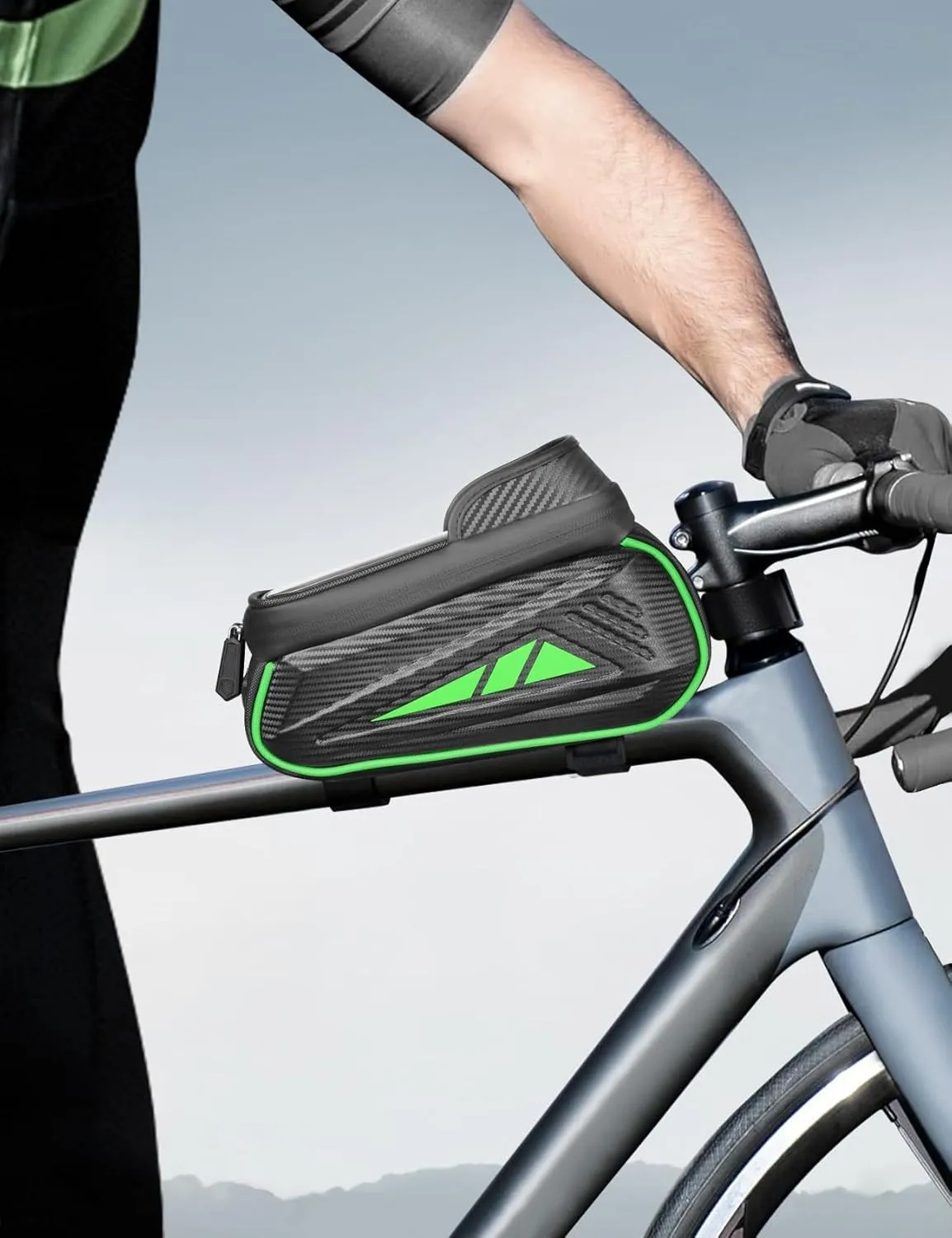 Bike Phone Holder Bag, EVA Waterproof Bicycle Front Frame Bag, Bike Accessories Cycling Pouch with Sensitive TPU Touch-Screen, Bicycle Phone Mount with Rain Cover for Phone under 6.5"(Green, 6.5 inch)