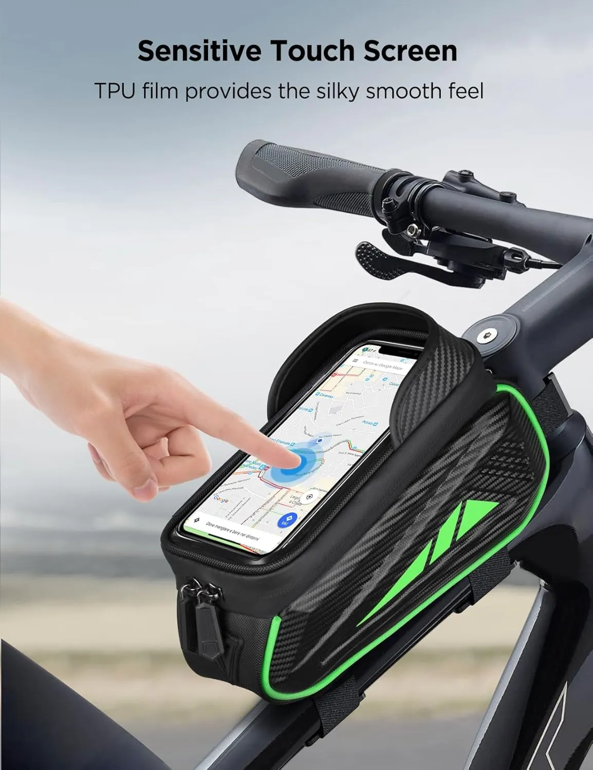 Bike Phone Holder Bag, EVA Waterproof Bicycle Front Frame Bag, Bike Accessories Cycling Pouch with Sensitive TPU Touch-Screen, Bicycle Phone Mount with Rain Cover for Phone under 6.5"(Green, 6.5 inch)
