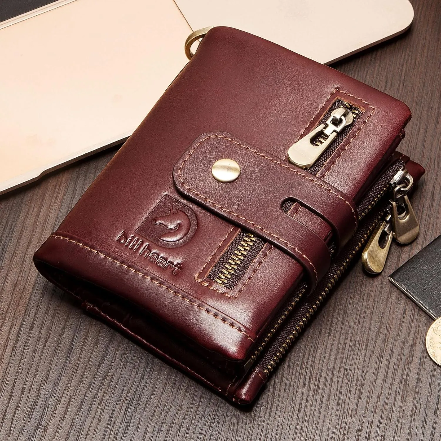 bill heart Chain wallets for men, Genuine Leather Biker Wallet with RFID Blocking Brown Color with Chain…