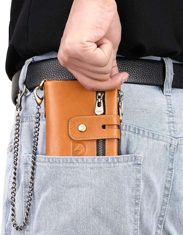 bill heart Mens Wallet with Chain Genuine Leather Purse RFID Blocking Biker Bifold Wallet with Anti-Theft Chain