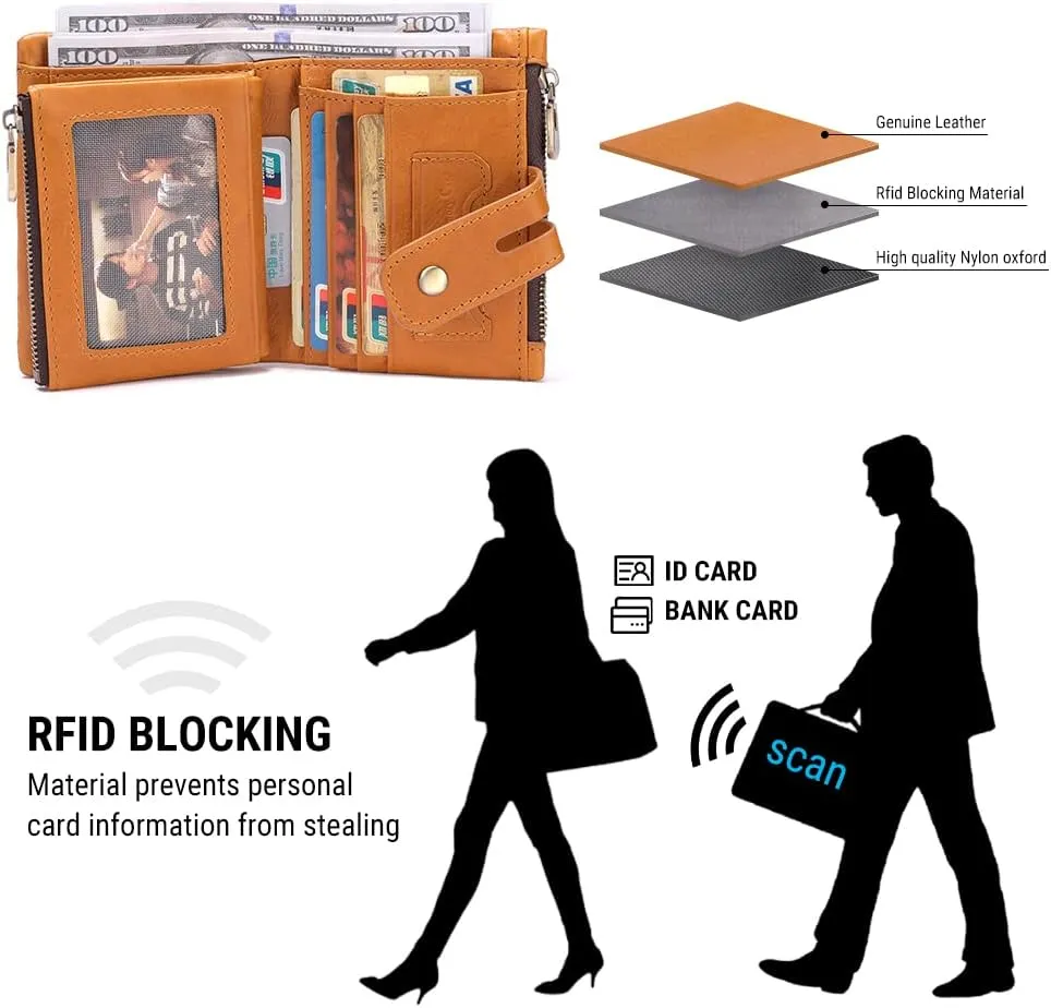 bill heart Mens Wallet with Chain Genuine Leather Purse RFID Blocking Biker Bifold Wallet with Anti-Theft Chain