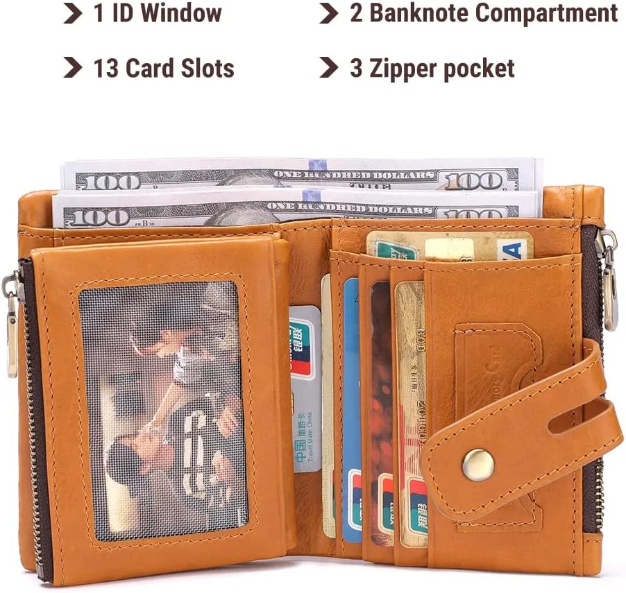 bill heart Mens Wallet with Chain Genuine Leather Purse RFID Blocking Biker Bifold Wallet with Anti-Theft Chain