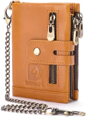 bill heart Mens Wallet with Chain Genuine Leather Purse RFID Blocking Biker Bifold Wallet with Anti-Theft Chain