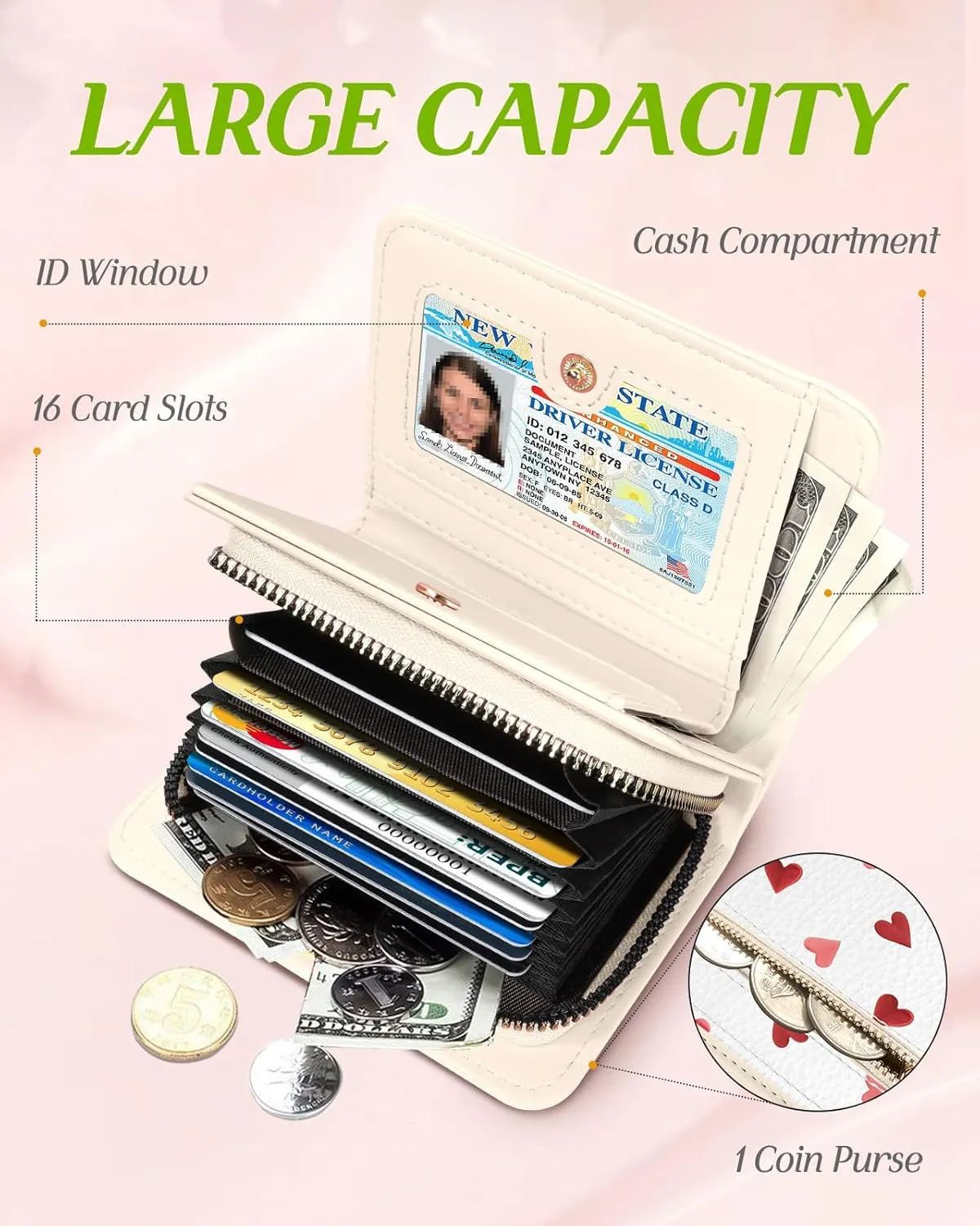 Bistup Credit Card Holder Wallet for Women - Cute Leather Ladies Teen Girls Female Cardholder Wallets Accordion Purse Small Medium Aesthetic Print Heart Unique Modern Rfid Zipper Around