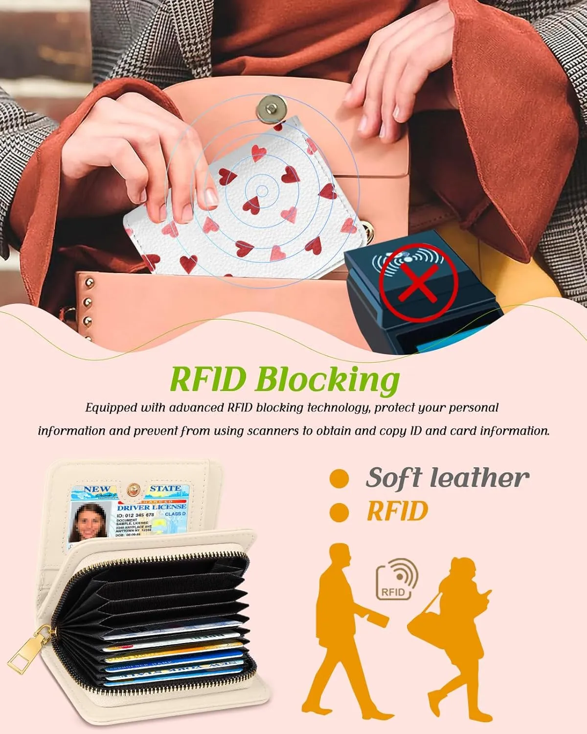 Bistup Credit Card Holder Wallet for Women - Cute Leather Ladies Teen Girls Female Cardholder Wallets Accordion Purse Small Medium Aesthetic Print Heart Unique Modern Rfid Zipper Around