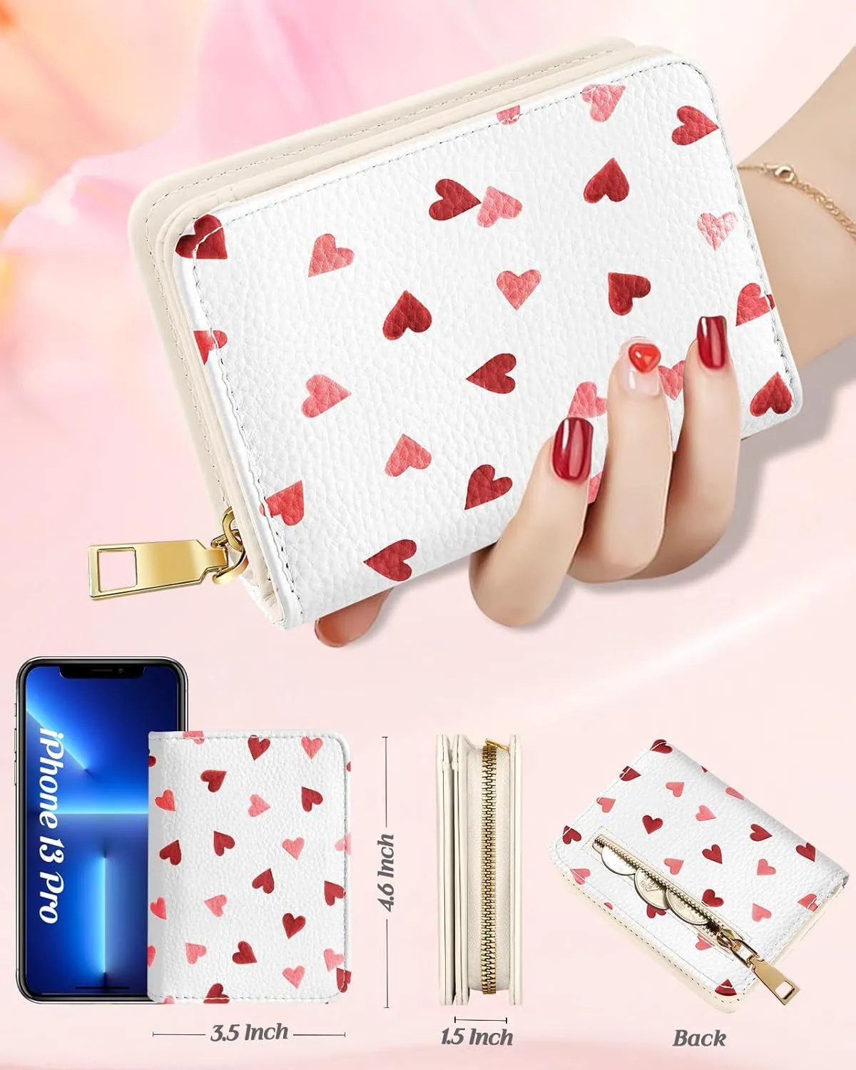 Bistup Credit Card Holder Wallet for Women - Cute Leather Ladies Teen Girls Female Cardholder Wallets Accordion Purse Small Medium Aesthetic Print Heart Unique Modern Rfid Zipper Around
