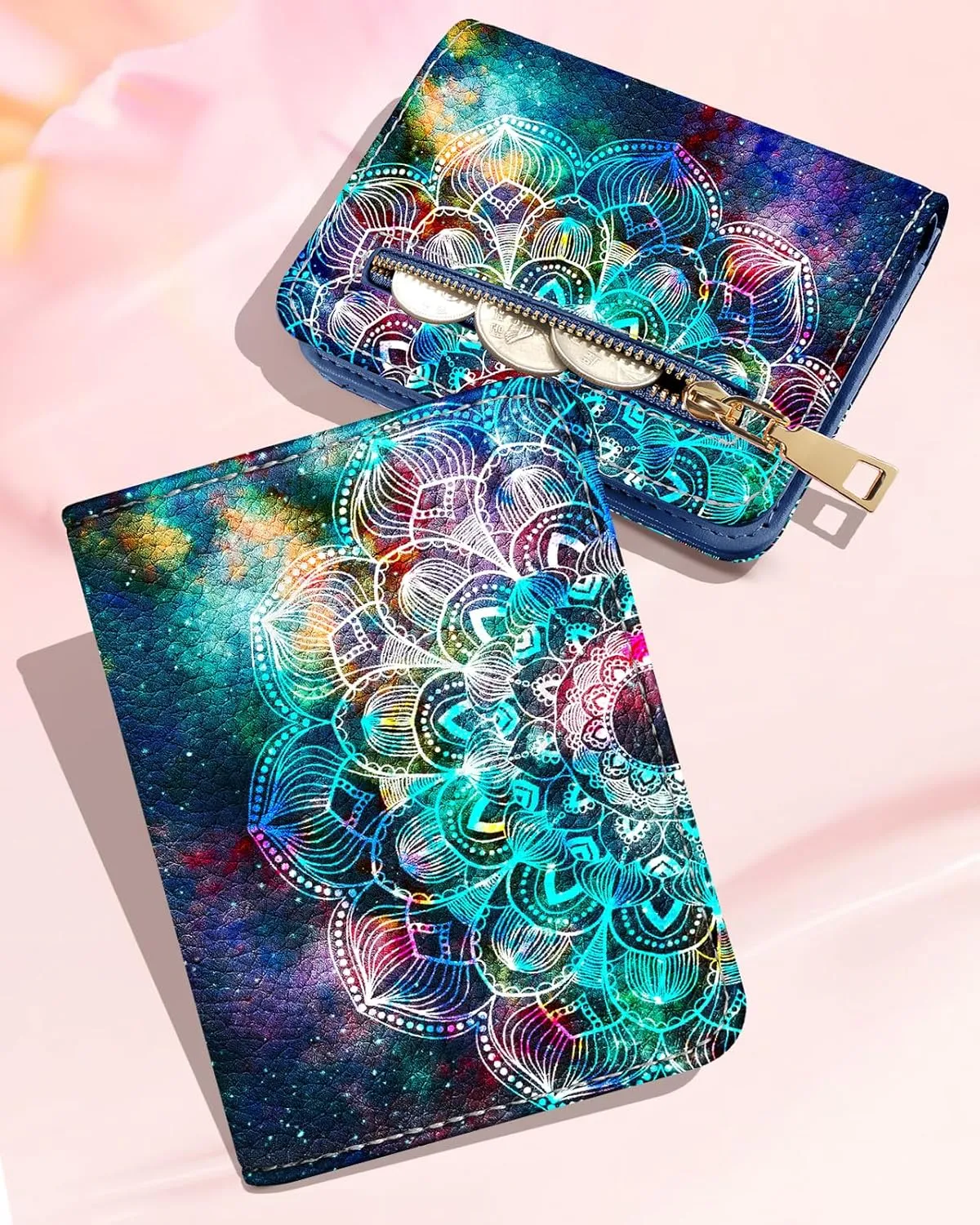 Bistup Credit Card Holder Wallet for Women Cute Leather Ladies Teen Girls Female Cardholder Wallets Accordion Purse Small Medium Aesthetic Print Hena Modern Design Rfid Zipper Around