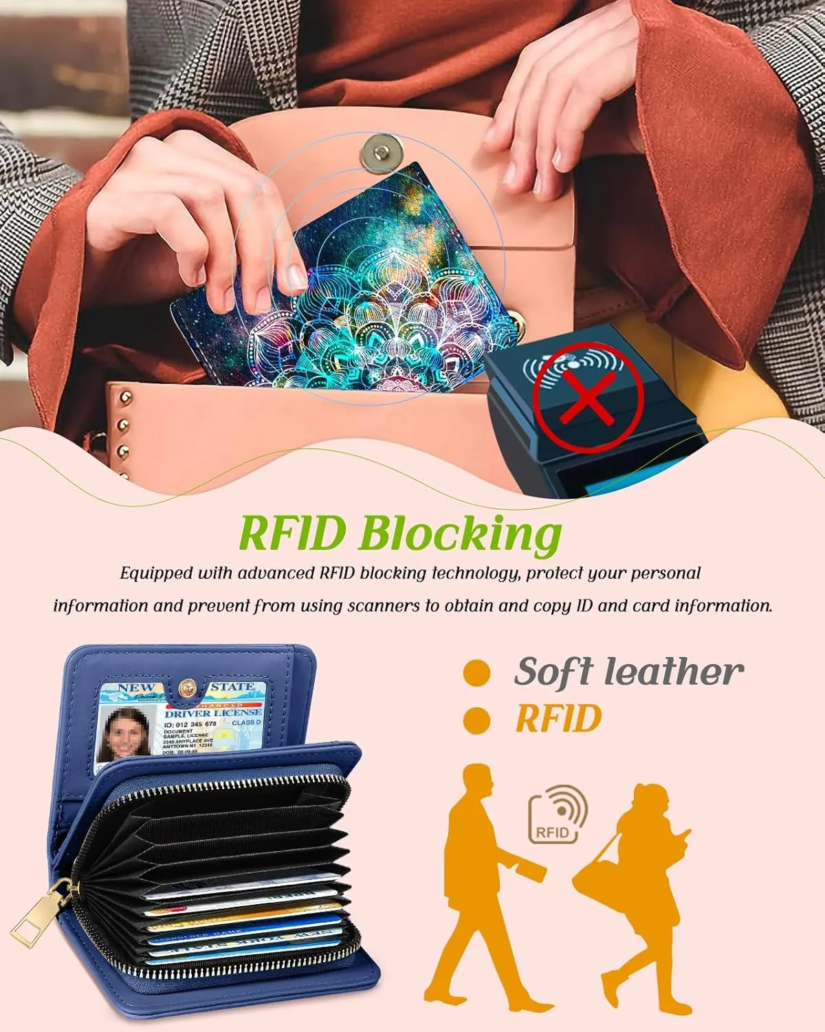 Bistup Credit Card Holder Wallet for Women Cute Leather Ladies Teen Girls Female Cardholder Wallets Accordion Purse Small Medium Aesthetic Print Hena Modern Design Rfid Zipper Around