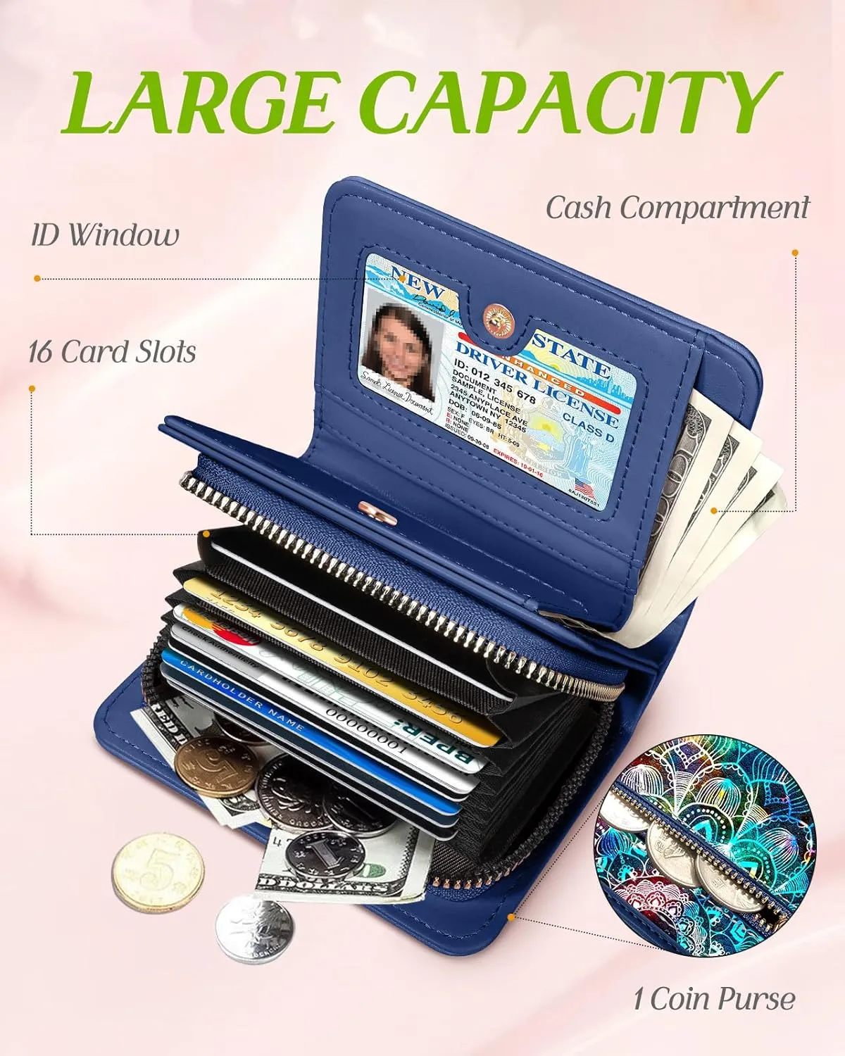 Bistup Credit Card Holder Wallet for Women Cute Leather Ladies Teen Girls Female Cardholder Wallets Accordion Purse Small Medium Aesthetic Print Hena Modern Design Rfid Zipper Around