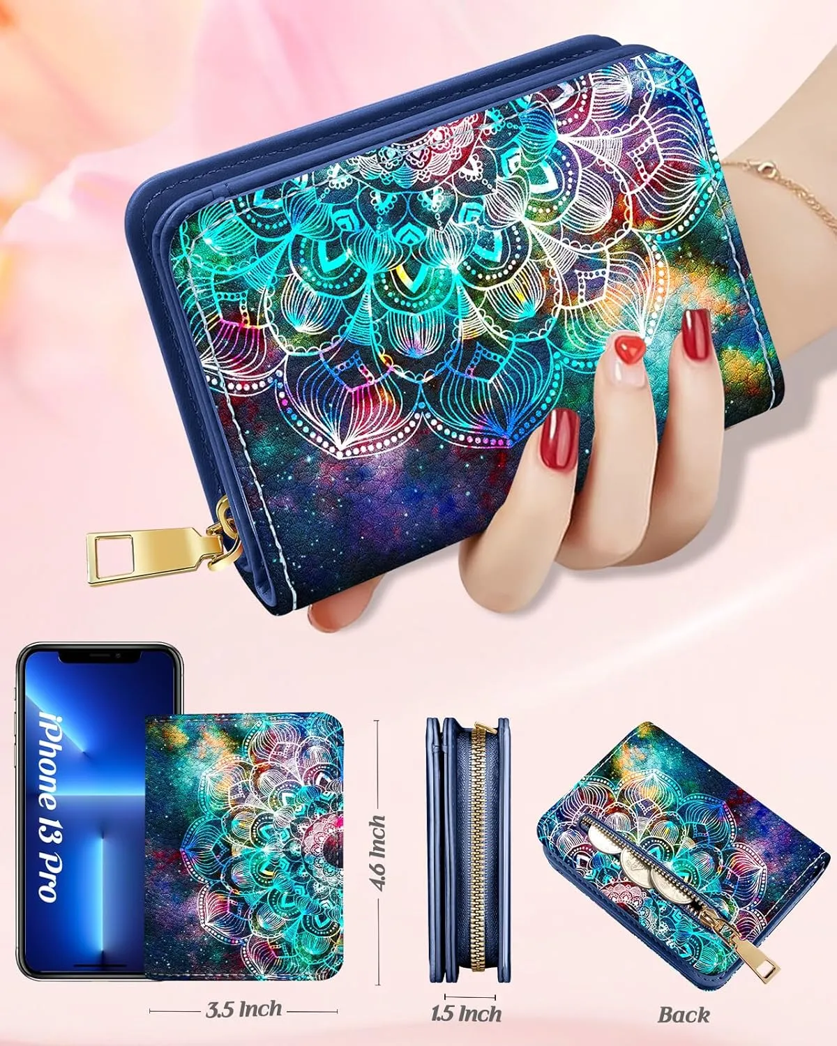 Bistup Credit Card Holder Wallet for Women Cute Leather Ladies Teen Girls Female Cardholder Wallets Accordion Purse Small Medium Aesthetic Print Hena Modern Design Rfid Zipper Around