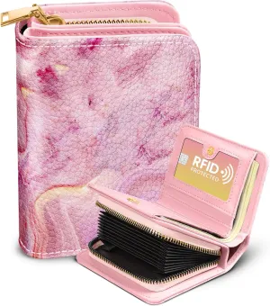 Bistup Credit Card Holder Wallet for Women Cute Leather Ladies Teen Girls Female Cardholder Wallets Accordion Purse Small Medium Aesthetic Print Marble Modern Design Rfid Zipper Around