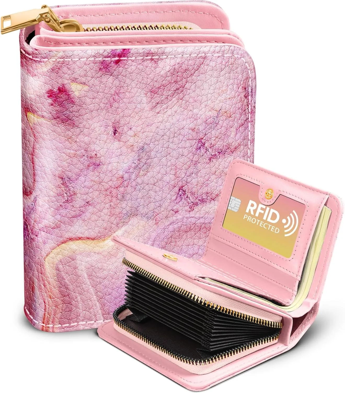 Bistup Credit Card Holder Wallet for Women Cute Leather Ladies Teen Girls Female Cardholder Wallets Accordion Purse Small Medium Aesthetic Print Marble Modern Design Rfid Zipper Around